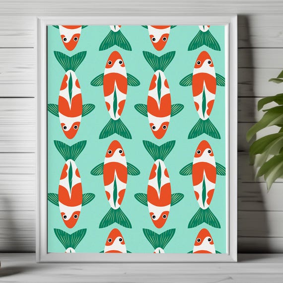 Koi Fish Pattern Modern Fish Art Coastal Decor Minimal Fish Print Ocean Inspired Art Retro Fish Print Koi Wall Art Green Koi Fish 108