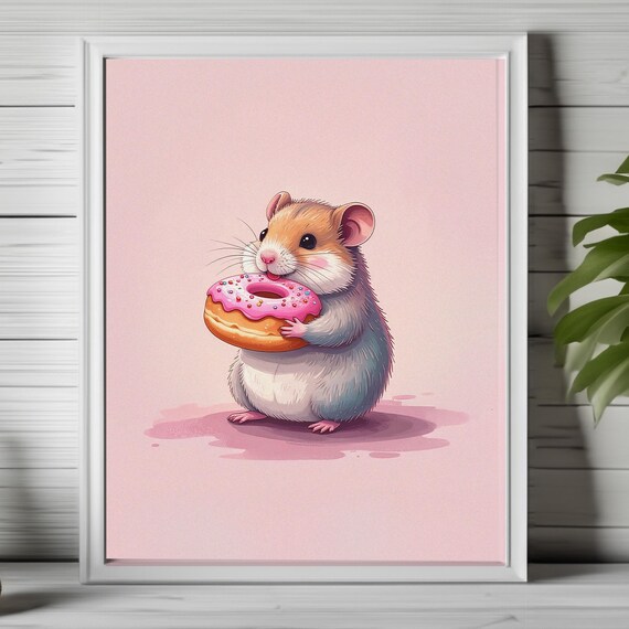 Cute Hamster Holding Pink Sprinkle Donut Kawaii Animal Poster