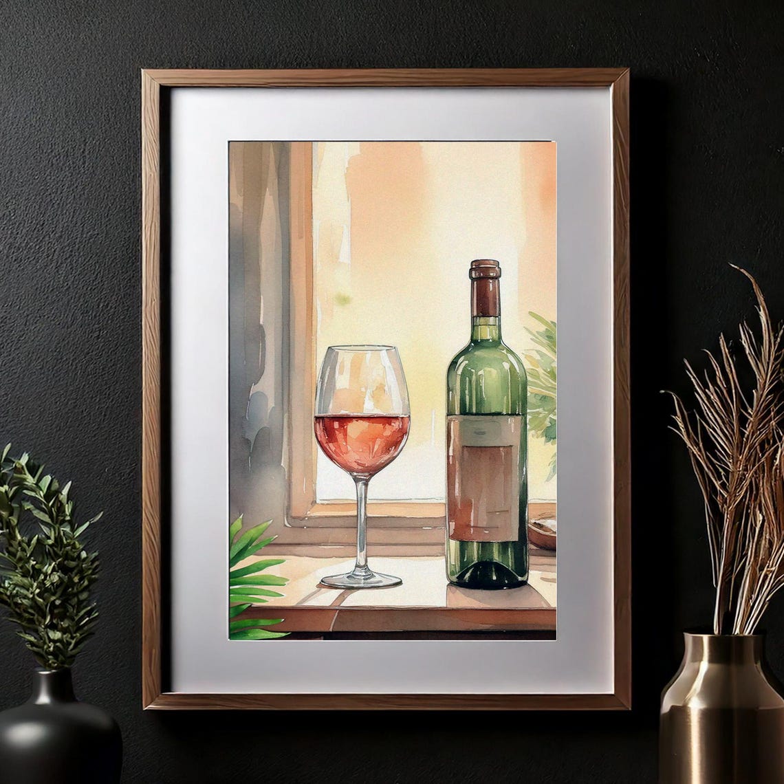 Watercolor Wine Bottle and Rose Glass Sunny Still Life Poster - Image 2
