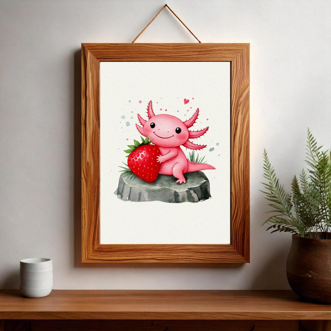 Cute Pink Axolotl Holding Strawberry Watercolor Kawaii Art Poster - Image 2