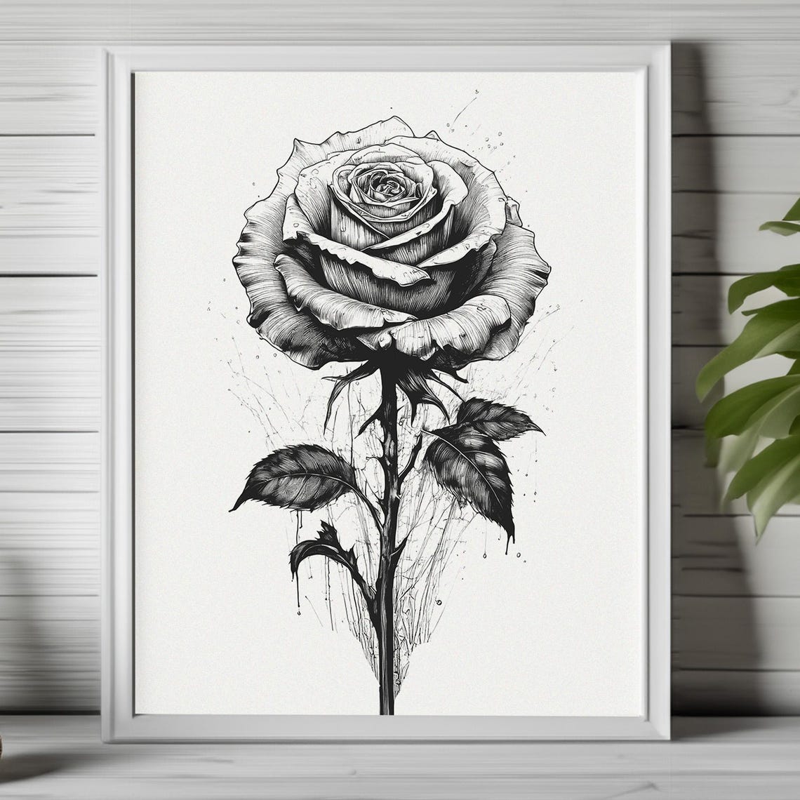 Single Black and White Blooming Rose Botanical Ink Sketch Wall Art