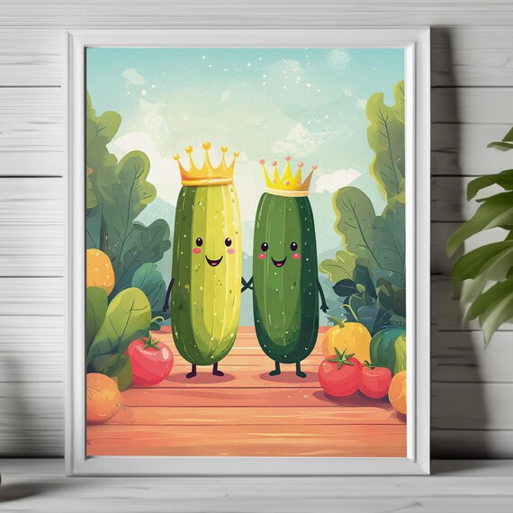 Smiling Pickle and Cucumber Crown Characters Kawaii Kitchen Poster