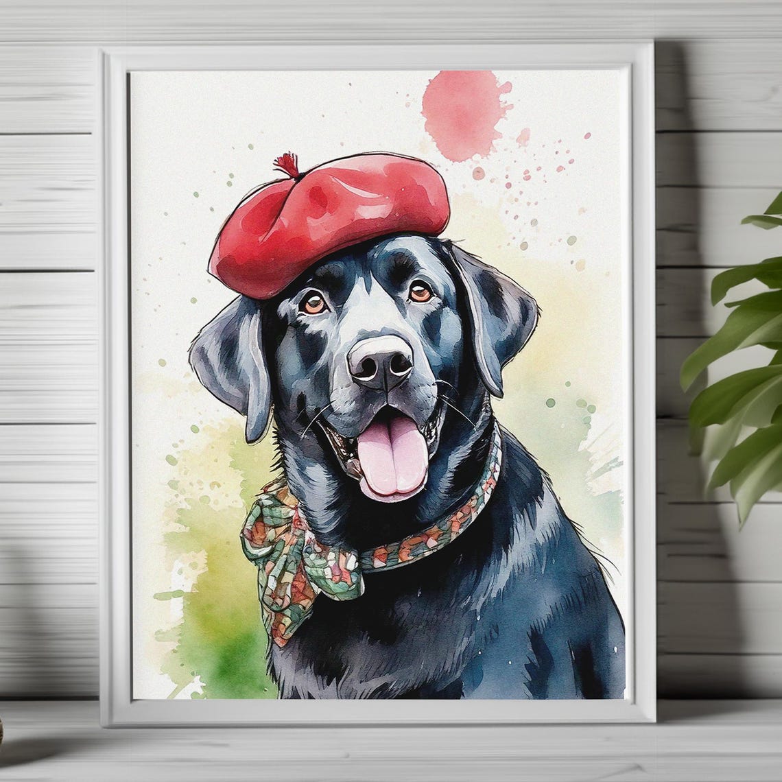 Black Labrador in Red Beret Watercolor Portrait Dog Art Poster