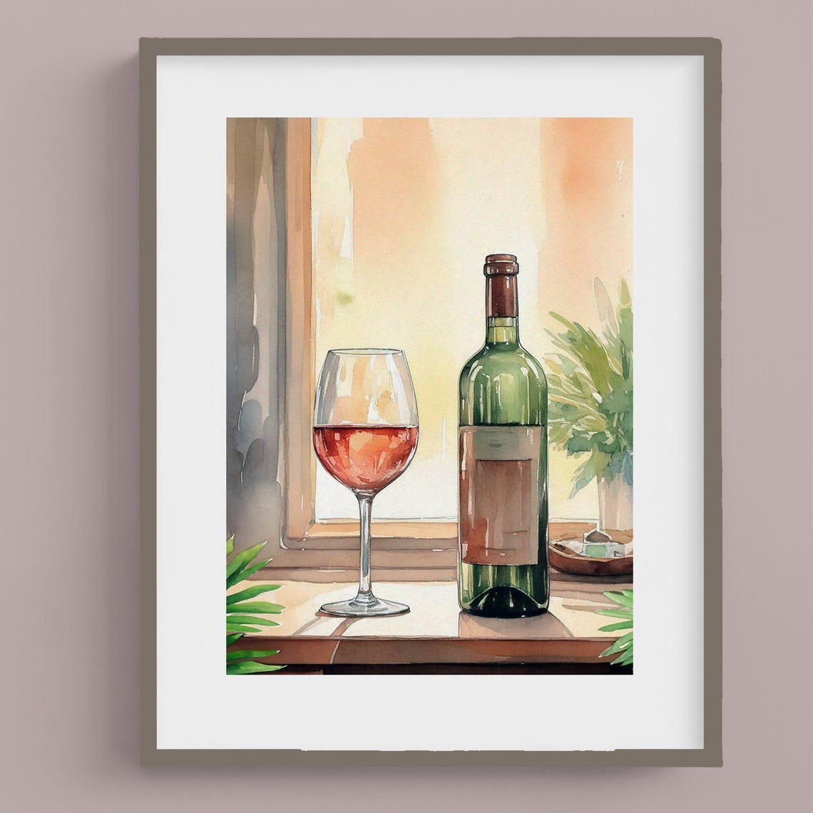 Watercolor Wine Bottle and Rose Glass Sunny Still Life Poster - Image 3