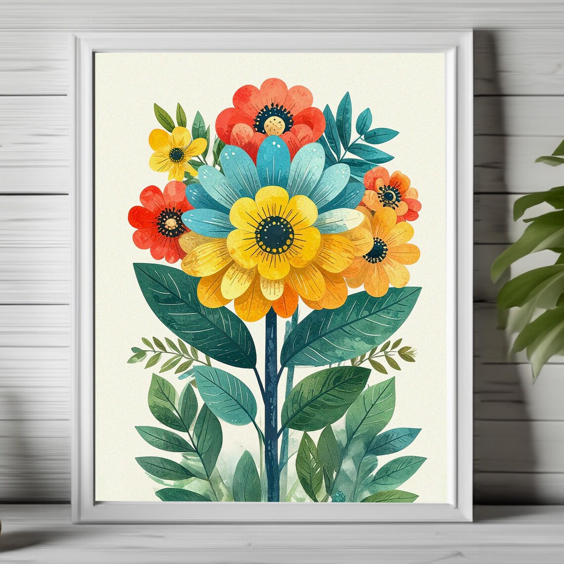 Bright Cheerful Floral Bouquet Red Yellow Teal Flowers Summer Poster