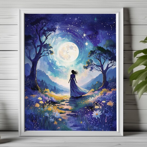 Moonlit Fantasy Night Dreamy Goddess Silhouette Starry Sky Poster