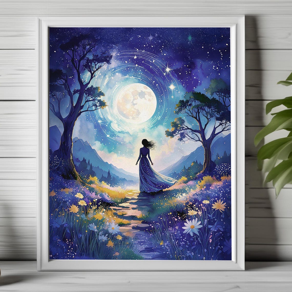 Moonlit Fantasy Night Dreamy Goddess Silhouette Starry Sky Poster