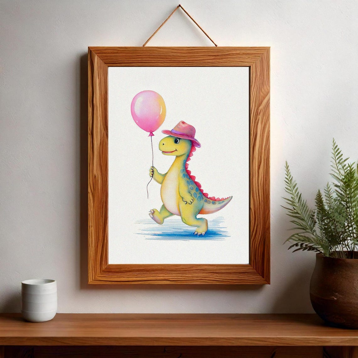 Cute Baby Dinosaur in Pink Hat with Balloon Nursery Watercolor Poster - Image 2