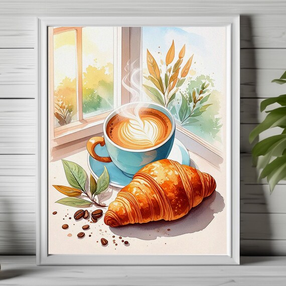 Watercolor Latte Art Coffee Croissant Sunny Window Cafe Poster