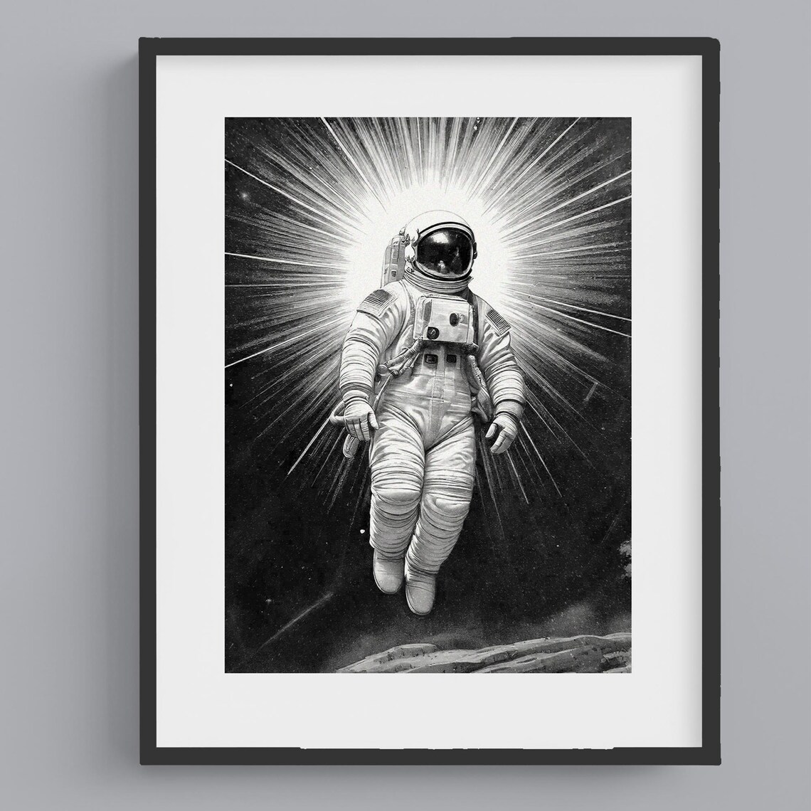 Black and White Astronaut in Radiant Burst Sketch Art Poster