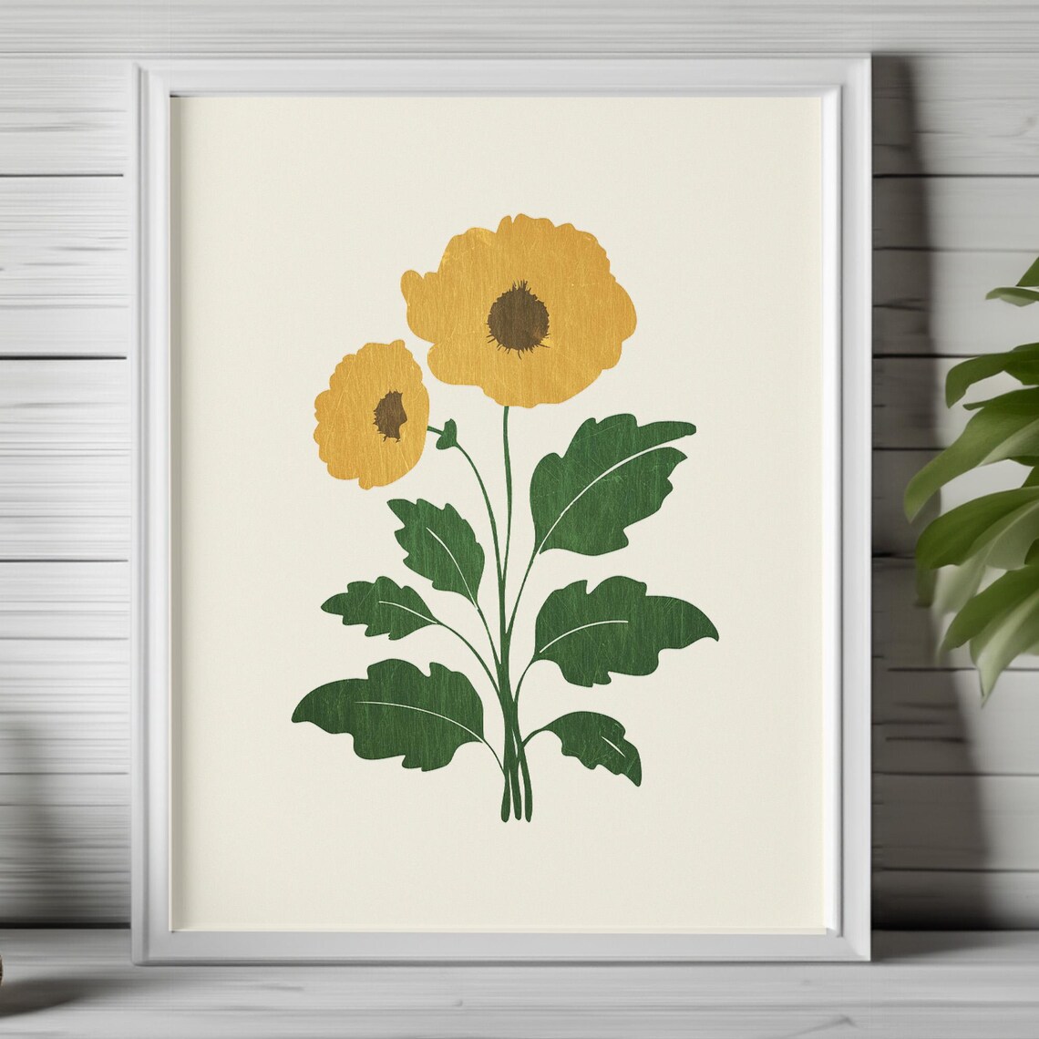 Minimalist Yellow Blooms Green Leaves Modern Botanical Fine Art Poster