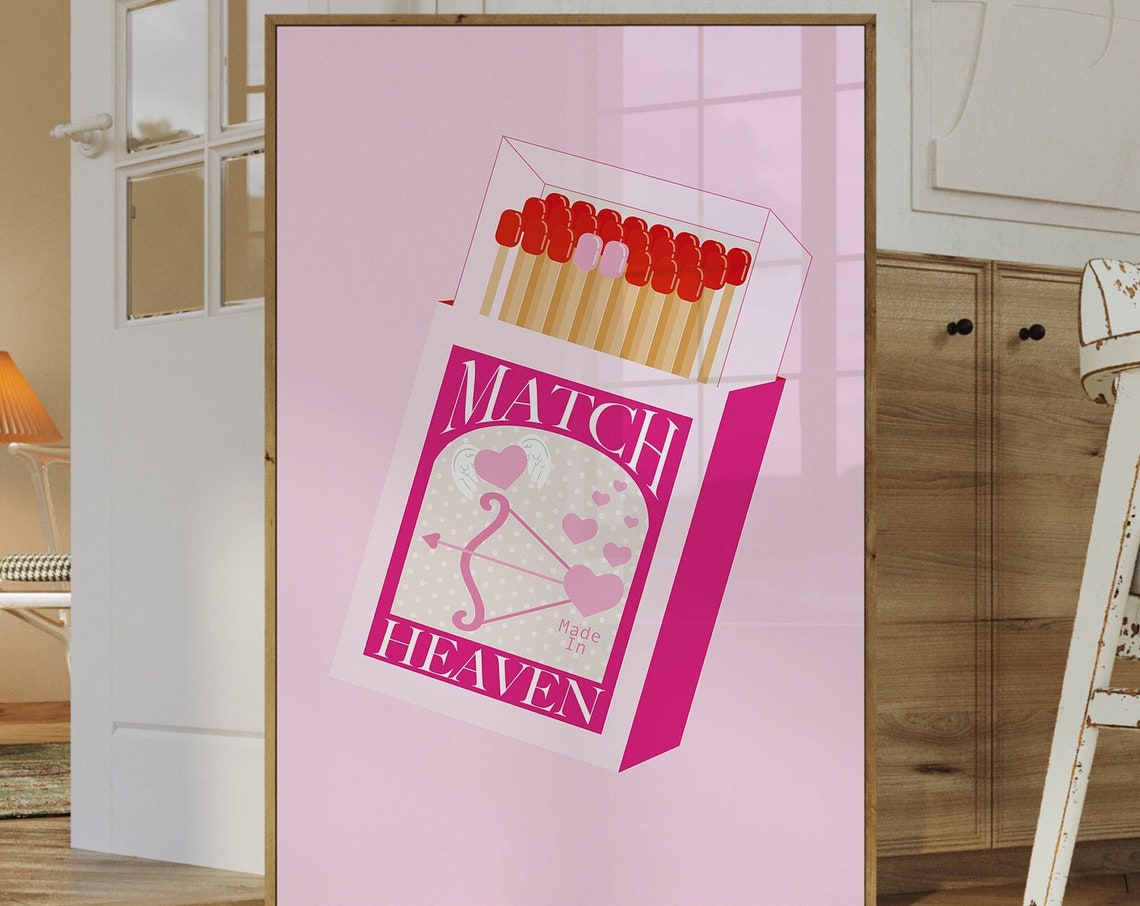 Match Made In Heaven Pink Retro Heart Matchbox Cupid Bow Poster