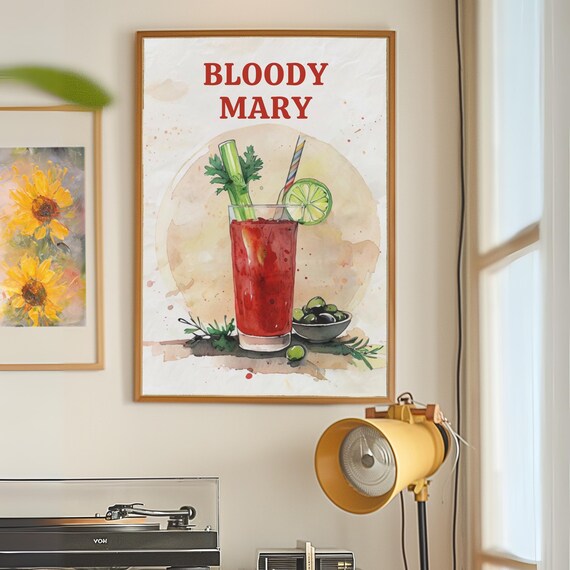 Bloody Mary Watercolor Cocktail Bar Drinks Brunch Recipe Poster