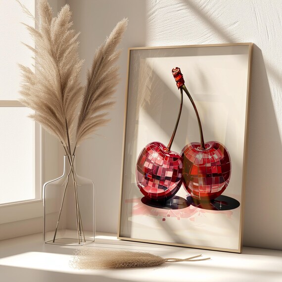 Cherry Disco Ball Print, Retro Kitchen Poster