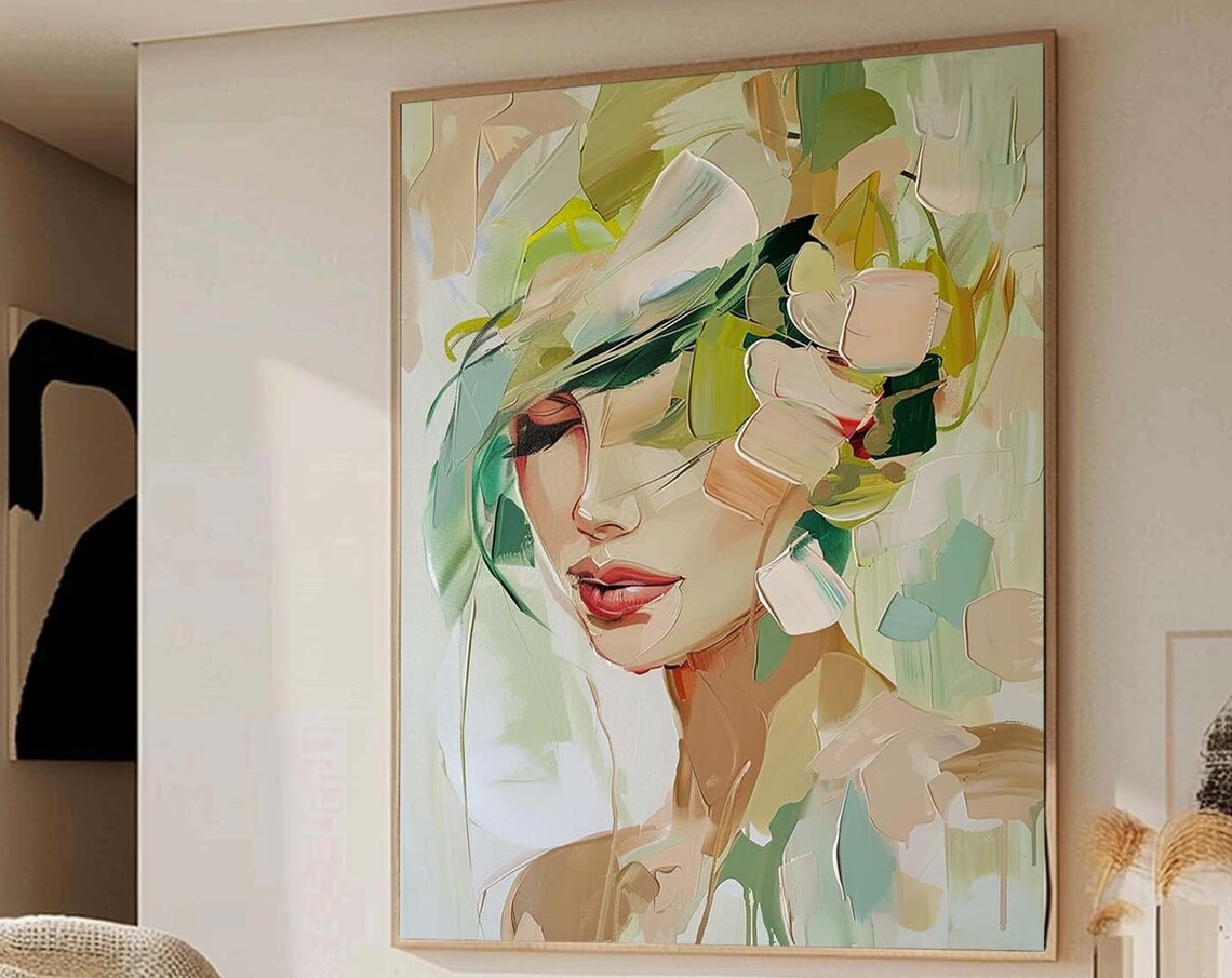 Abstract Woman Face Green Texture Painting Modern Female Portrait Poster