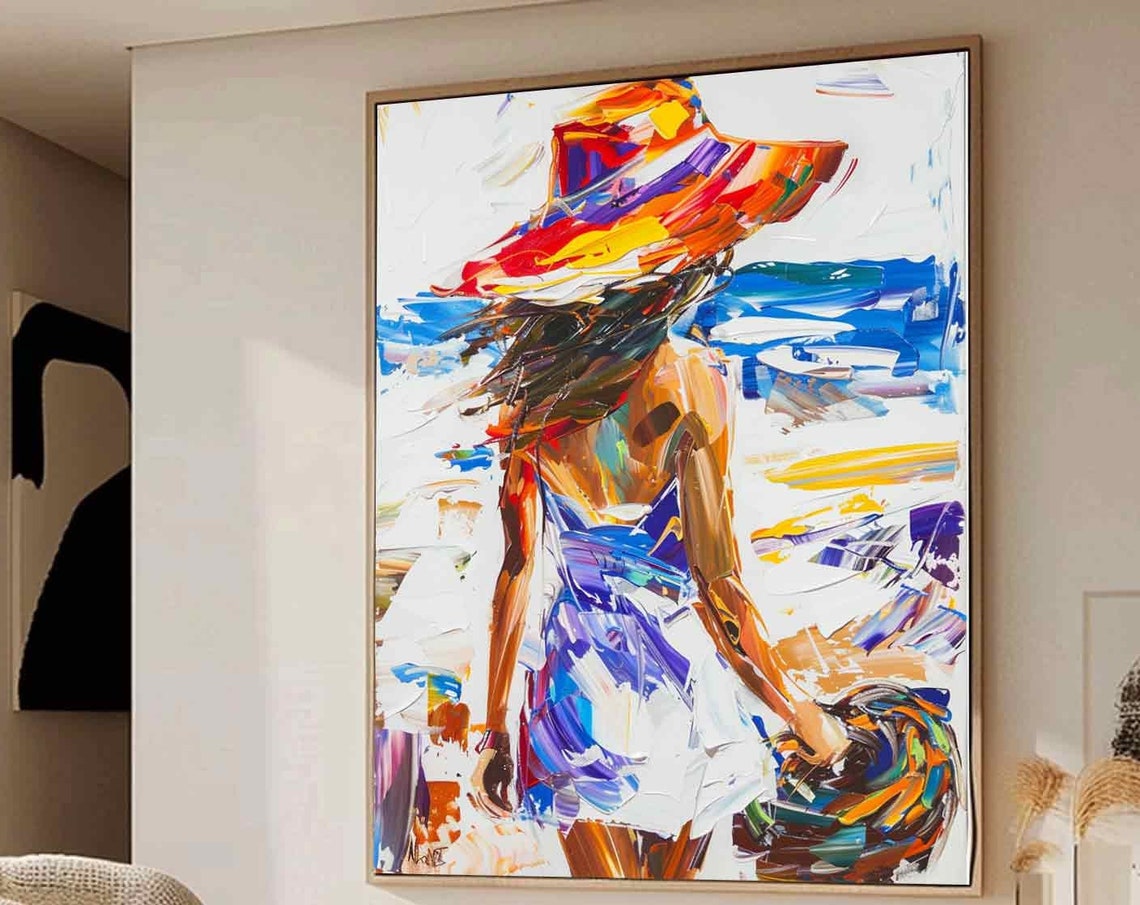 Minimalist Woman Figure Art Colorful Texture Art Painting Large Wall Art Female Figure Painting Modern Living Room Wall Art Decor