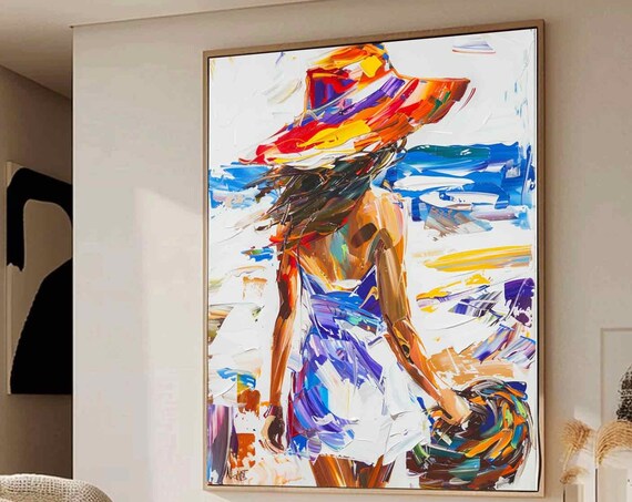 Colorful Woman in Hat Flowing Dress Abstract Figure Painting Joyful Wall Art
