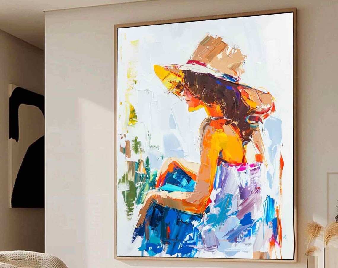 Minimalsit Figure Wall Art Colorful Woman Tan Skin Thick Texture Art Painting Summer Female Figure Painting Boho Living Room Wall Art Decor