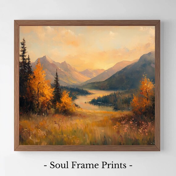 Autumn Mountain Valley with Golden Lake Sunset Rustic Landscape Poster