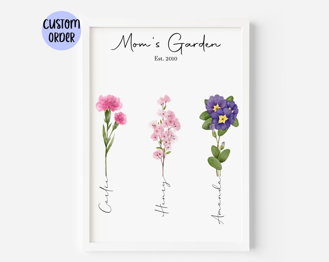 Mamas Garden Est 1994 Four Watercolor Birth Flower Stems Custom Poster - Image 2