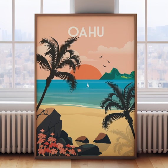 Oahu Travel Poster, Hawaii Island Wall Art Print