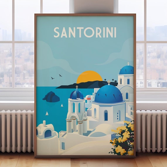 Santorini Retro Travel Poster, Greek Island Art