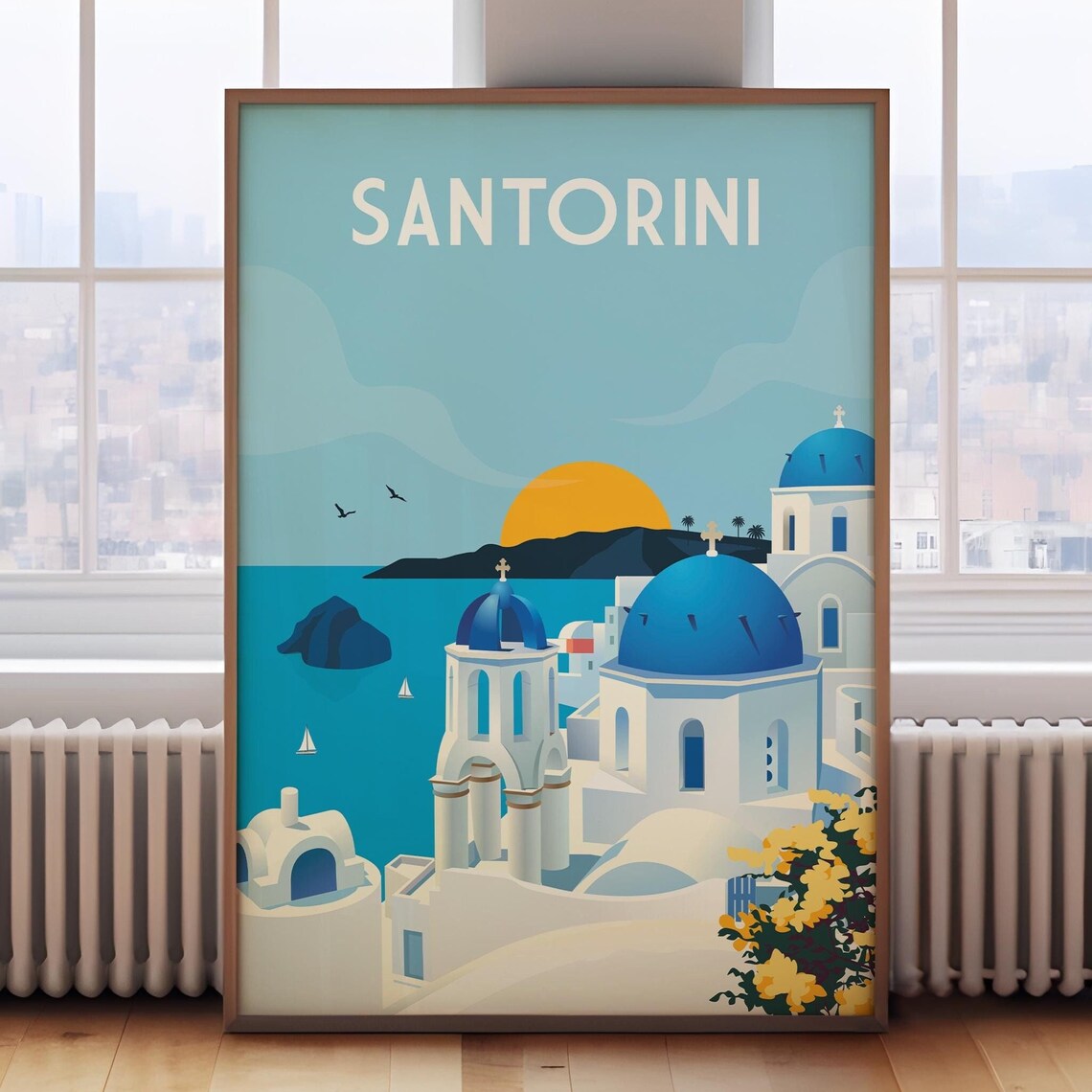 Santorini Retro Travel Poster, Greek Island Art