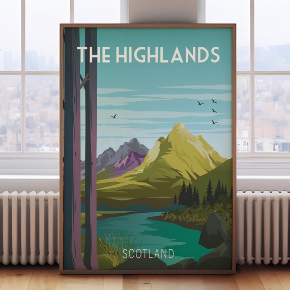Scottish Highlands Retro Travel Poster, Scotland