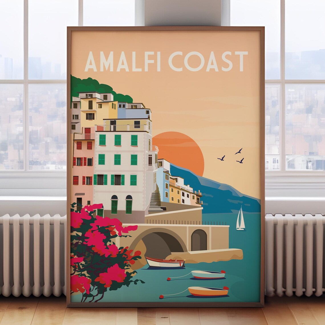 Retro Amalfi Coast Travel Poster, Italy, Europe