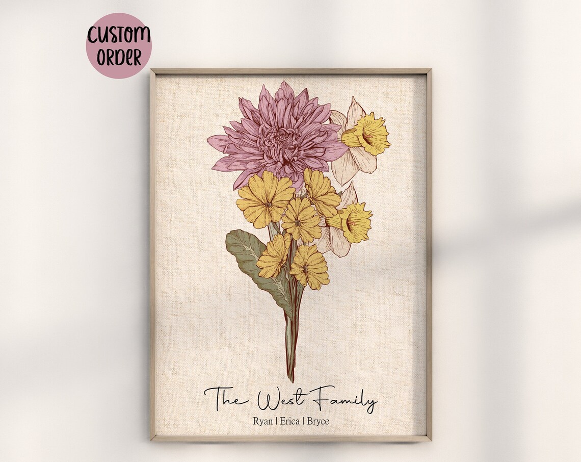 Birth Flower Bouquet Personalized Christmas Gift Art Print