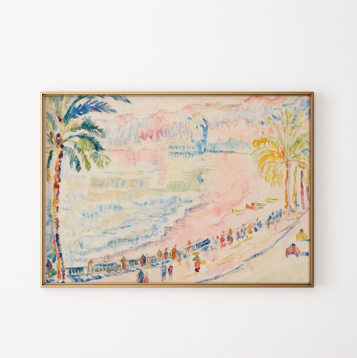 Mediterranean Palm Lined Seaside Promenade Pastel Watercolor Poster - Image 2