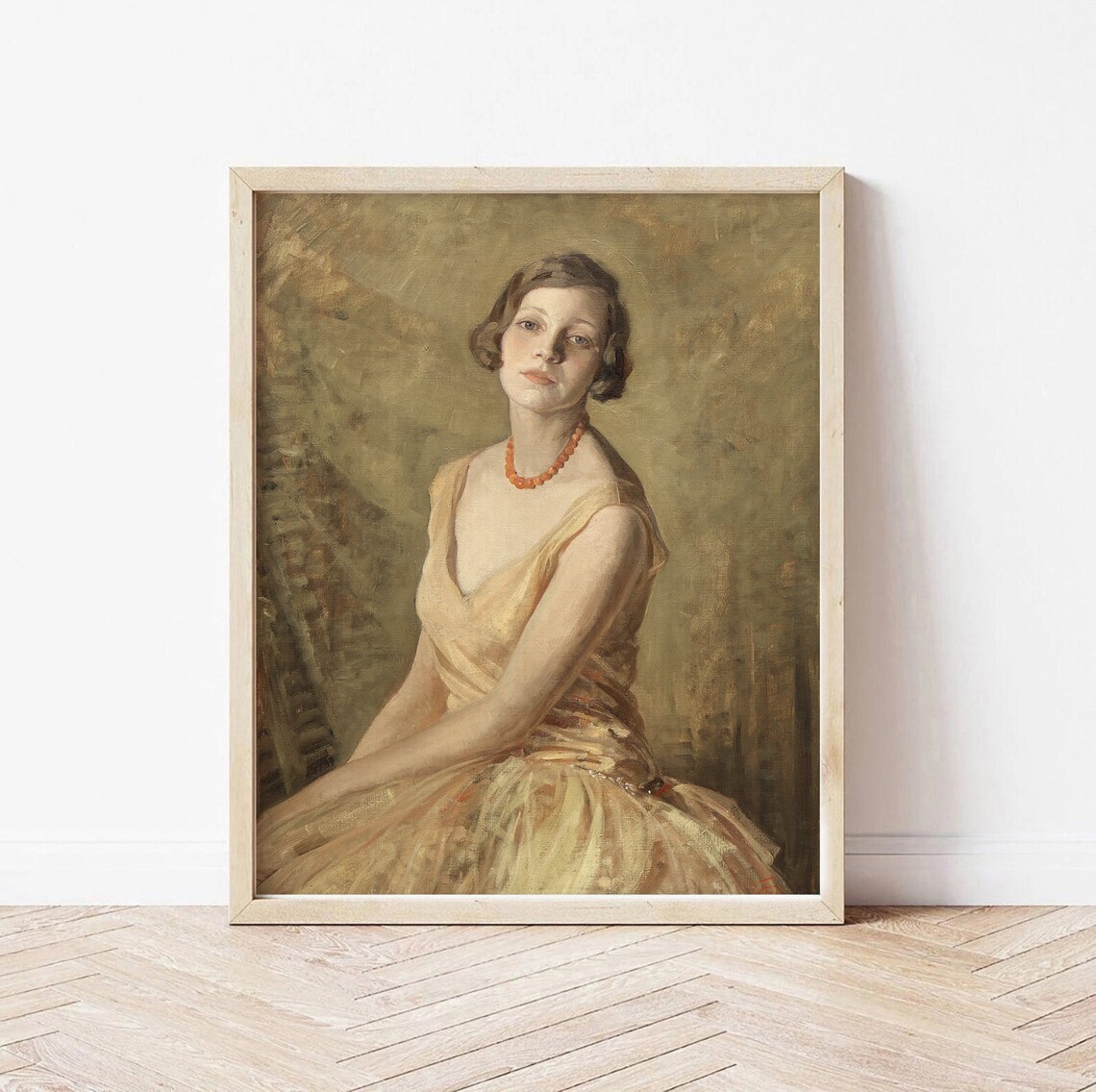 Vintage Woman Gold Dress Portrait Red Beads Elegant Classical Oil Painting Art - Image 3