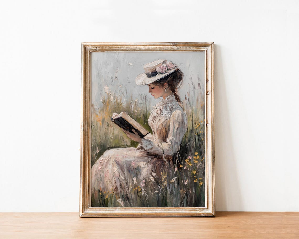 Victorian Woman Reading Wildflowers Cottagecore Book Lover Wall Art - Image 3