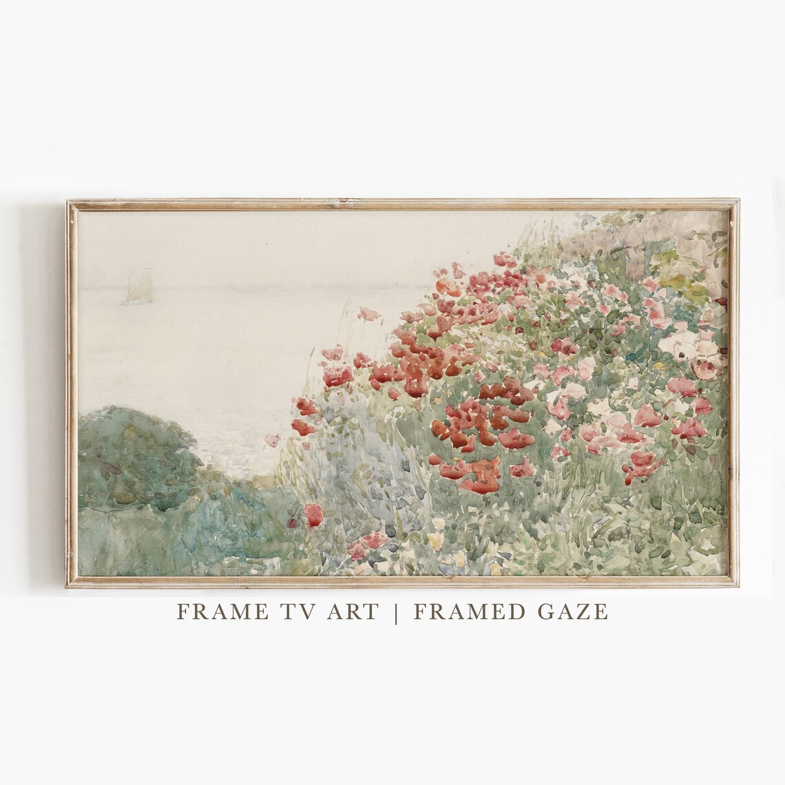 Red Poppy Flowers Coastal Hillside Sea View Watercolor Poster