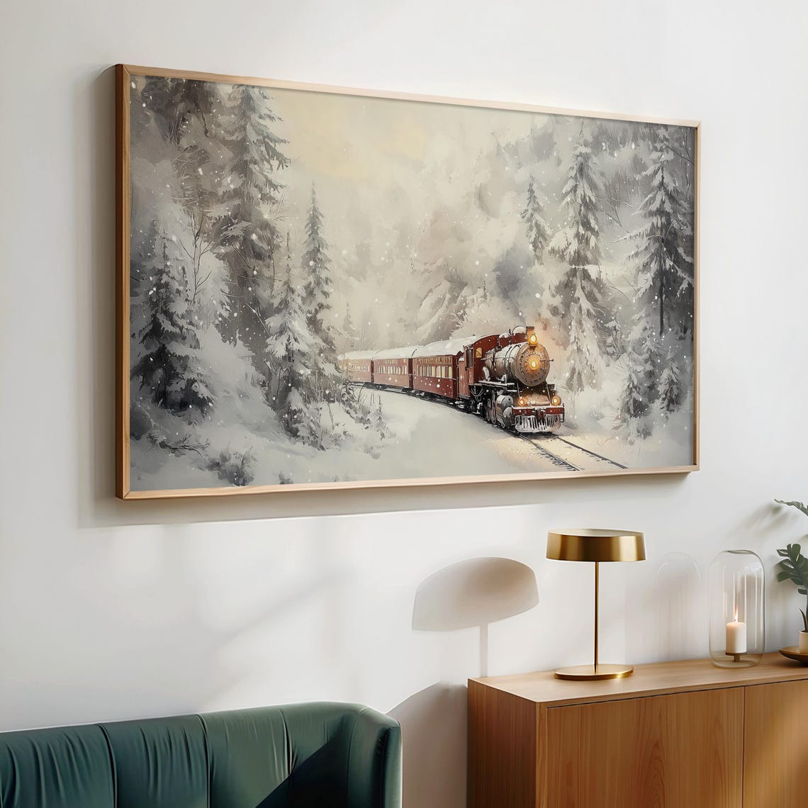 Red Steam Train Snowy Pine Forest Winter Christmas Holiday Wall Art - Image 4