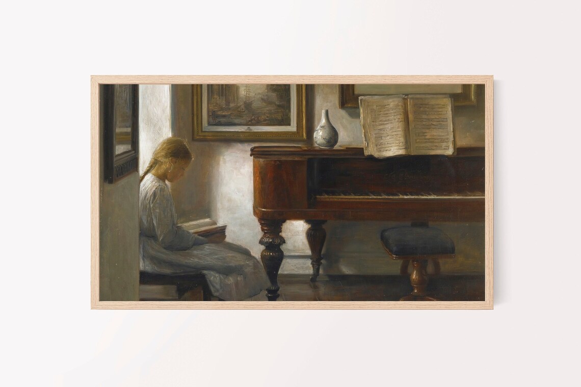 Vintage Girl Reading By Piano Quiet Interior Scene Oil Painting Poster - Image 2