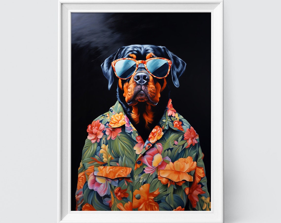 Rottweiler in Amber Sunglasses and Tropical Floral Shirt Poster