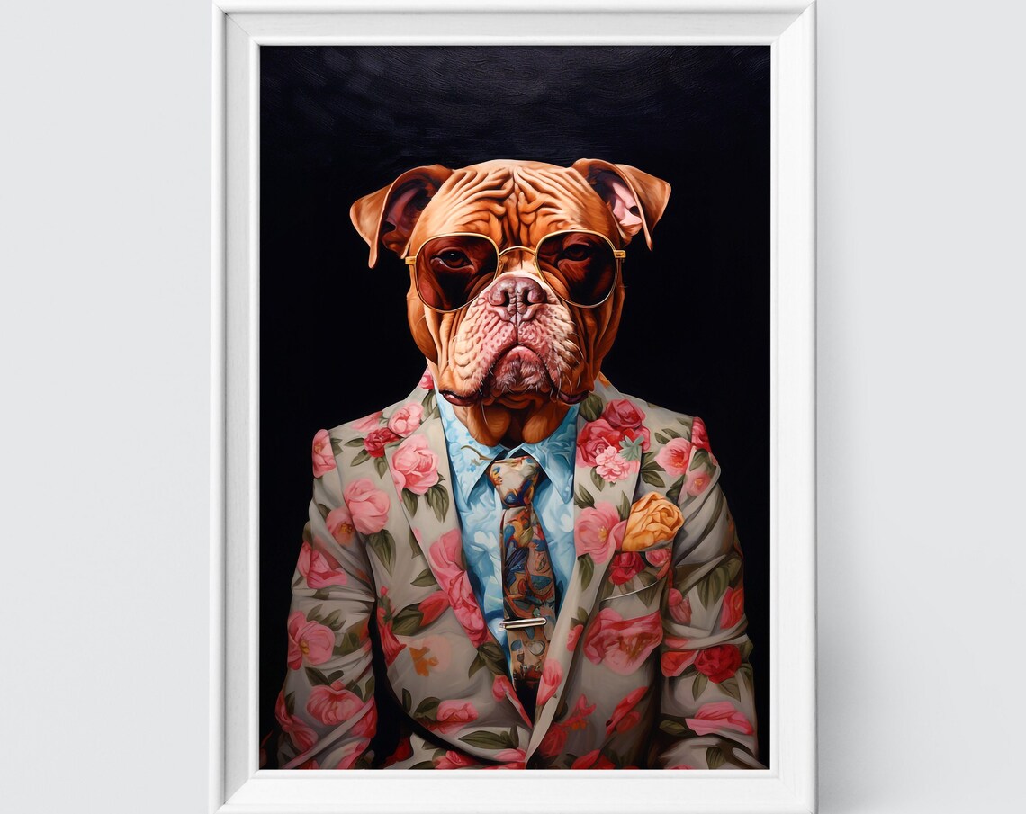 French Mastiff Dog in a Gray Floral Suit Fashion Portrait Poster