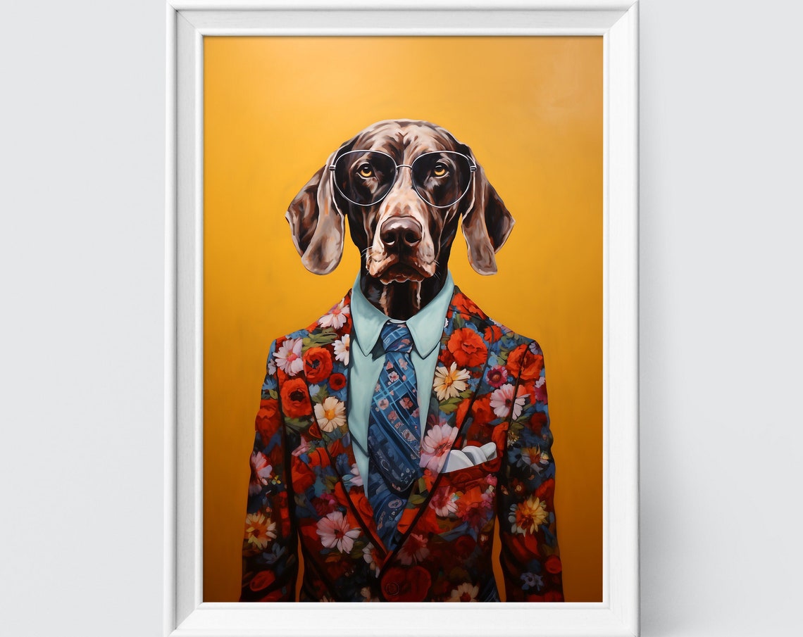 German Shorthaired Pointer Dog in a Floral Suit Portrait Poster