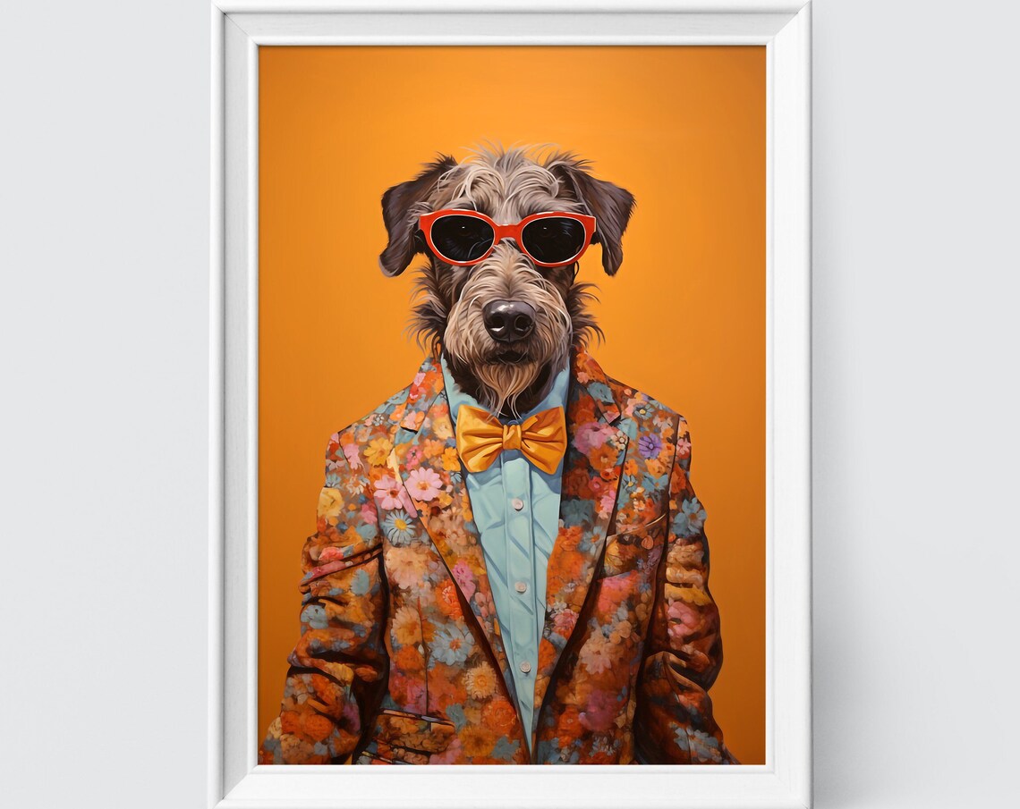 Irish Wolfhound in Red Sunglasses and Orange Bow Tie Portrait Poster