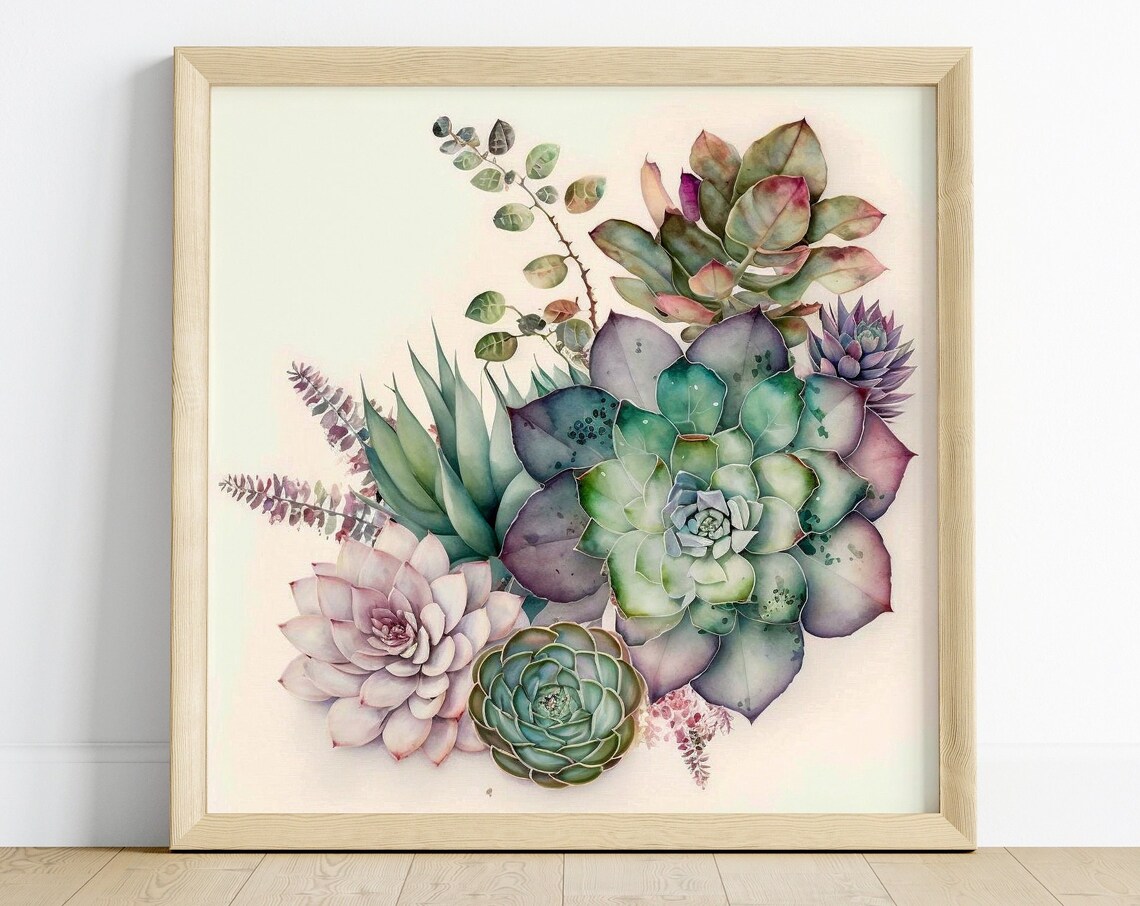 Colorful Watercolor Succulents Arrangement On Cream Art Poster