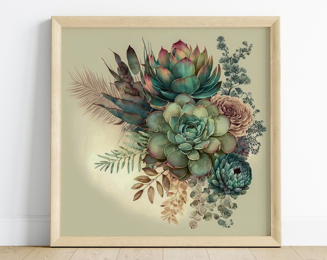 Sage Green Succulent Bouquet Echeveria Botanical Watercolor Poster