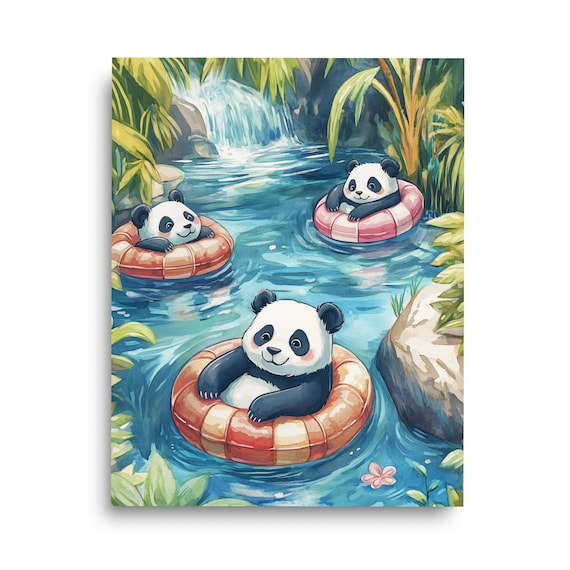 Lazy River Pandas Watercolor Poster With Floating Panda Cubs