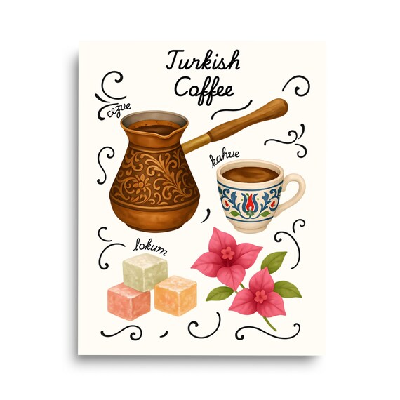 Turkish Coffee Cezve Pot Cup and Lokum Sweets Illustrated Art Poster
