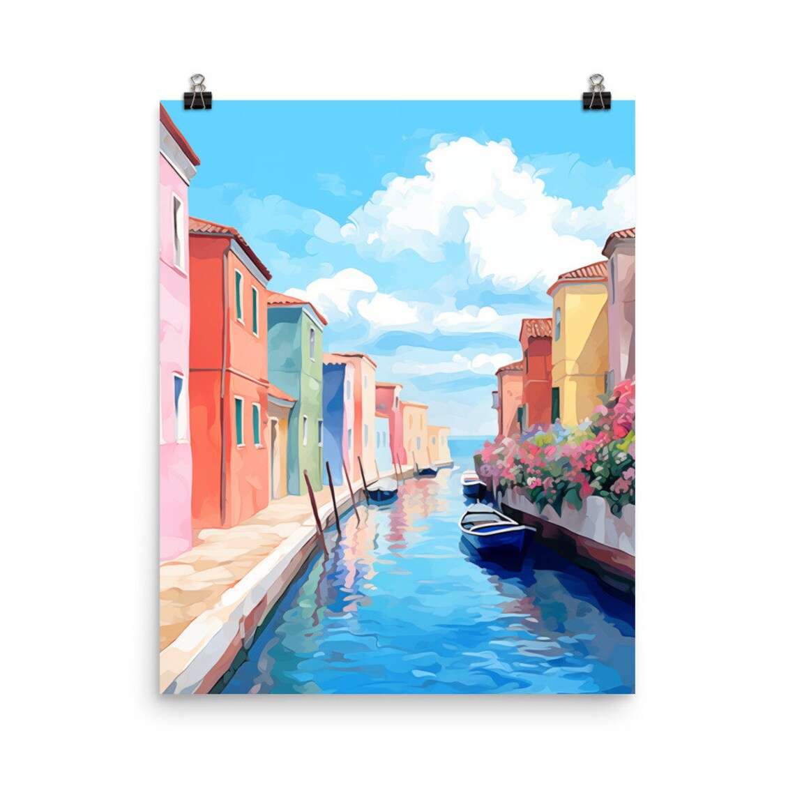Burano Canal Colorful Houses Boats and Flowers Watercolor Poster