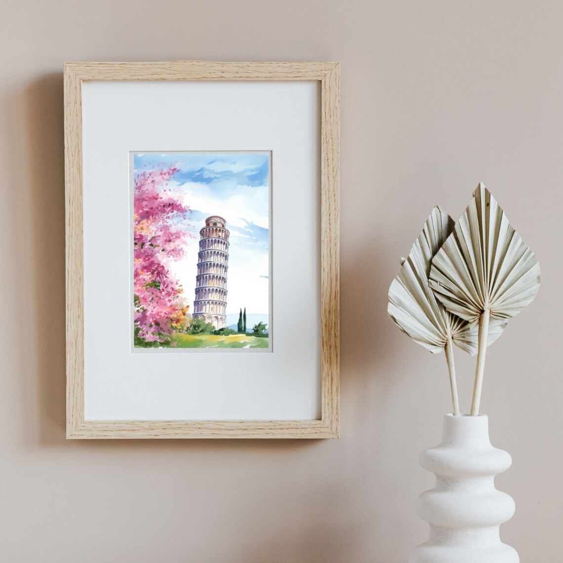Leaning Tower of Pisa with Pink Blossoming Trees Watercolor Poster - Image 2