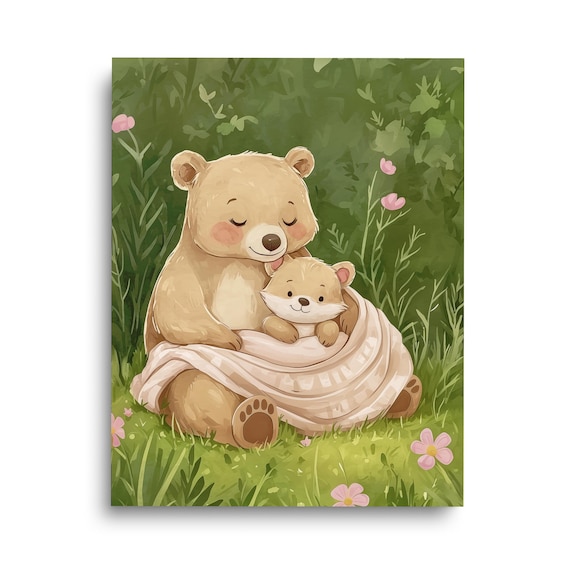 Mother Bear and Cub Watercolor Nursery Wildlife Cute Art Poster
