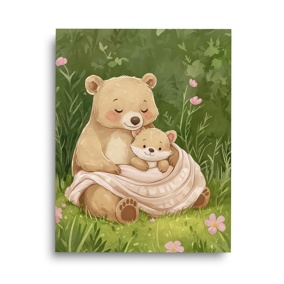 Mother Bear and Cub Watercolor Nursery Wildlife Cute Art Poster