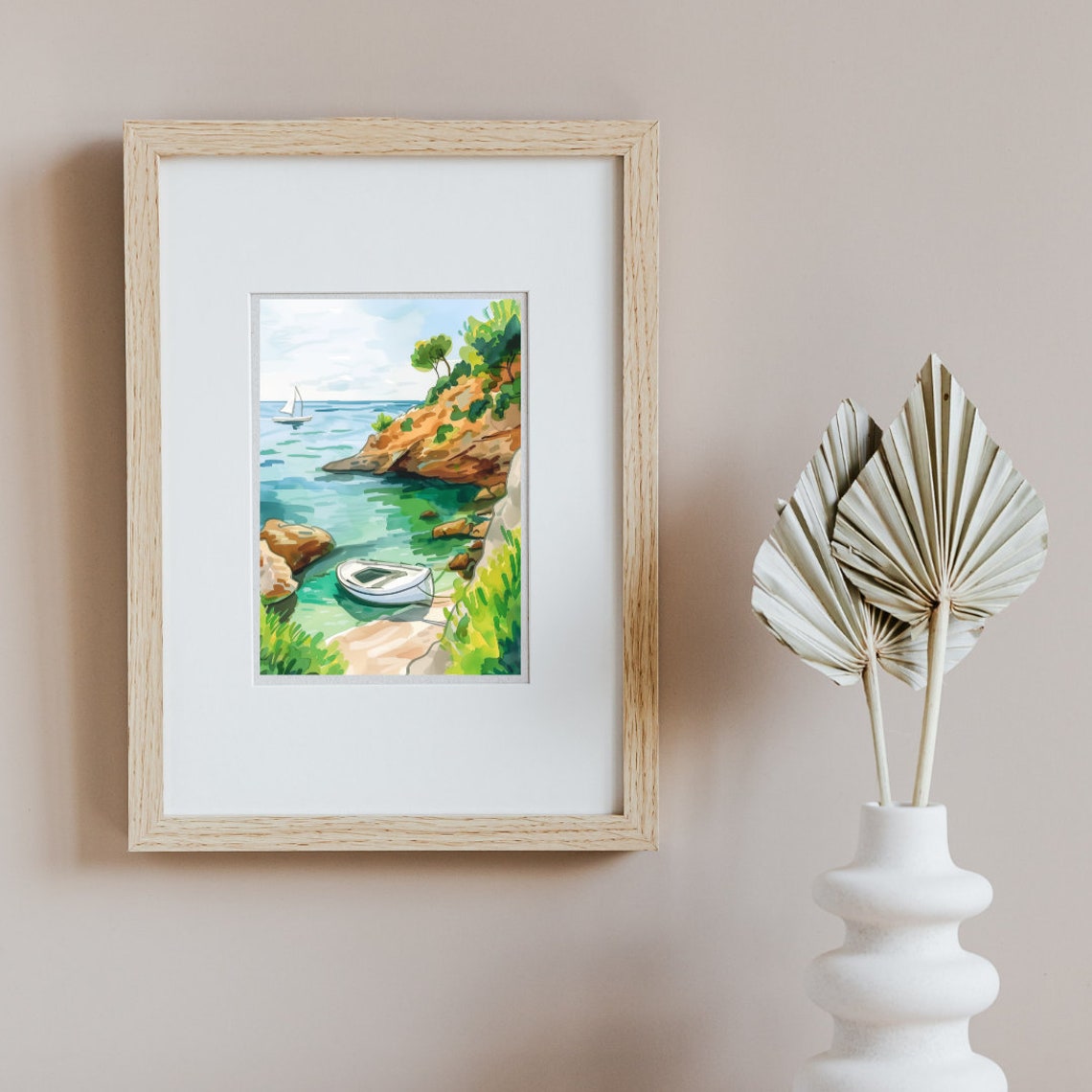 Costa Brava Hidden Cove with White Rowboat Watercolor Poster - Image 2