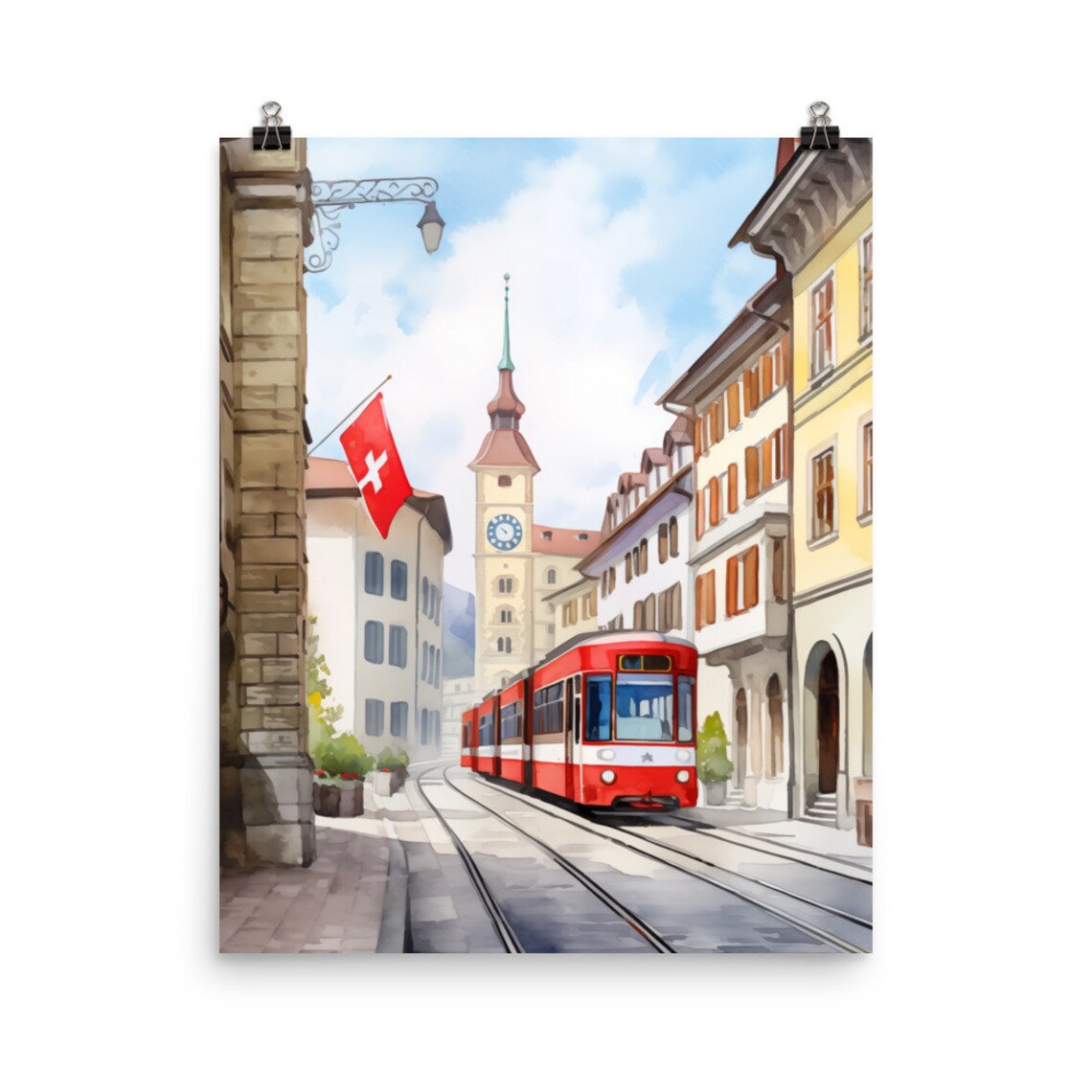 Bern Watercolor Travel Poster, Swiss Old Town Europe